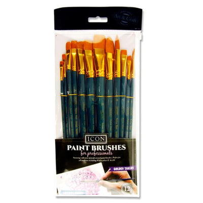 Icon Short Handle Brush Set - Med Golden Taklon - 12 Pieces in Wallet-Paint Brushes-Icon|Stationery Superstore UK