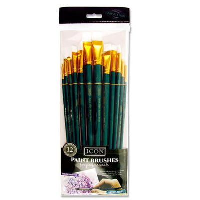 Icon Long Handle Brush Set - Med WhiteTaklon - 12 Pieces-Paint Brushes-Icon|Stationery Superstore UK