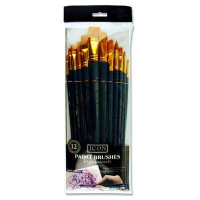 Icon Long Handle Brush Set - Med Golden Taklon - 12 Pieces-Paint Brushes-Icon|Stationery Superstore UK