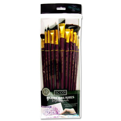 Icon Long Handle Brush Set - Firm Burgundy - 12 Pieces-Paint Brushes-Icon|Stationery Superstore UK