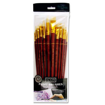 Icon Long Handle Brush Set - Firm White Bristle - 12 Pieces-Paint Brushes-Icon|Stationery Superstore UK
