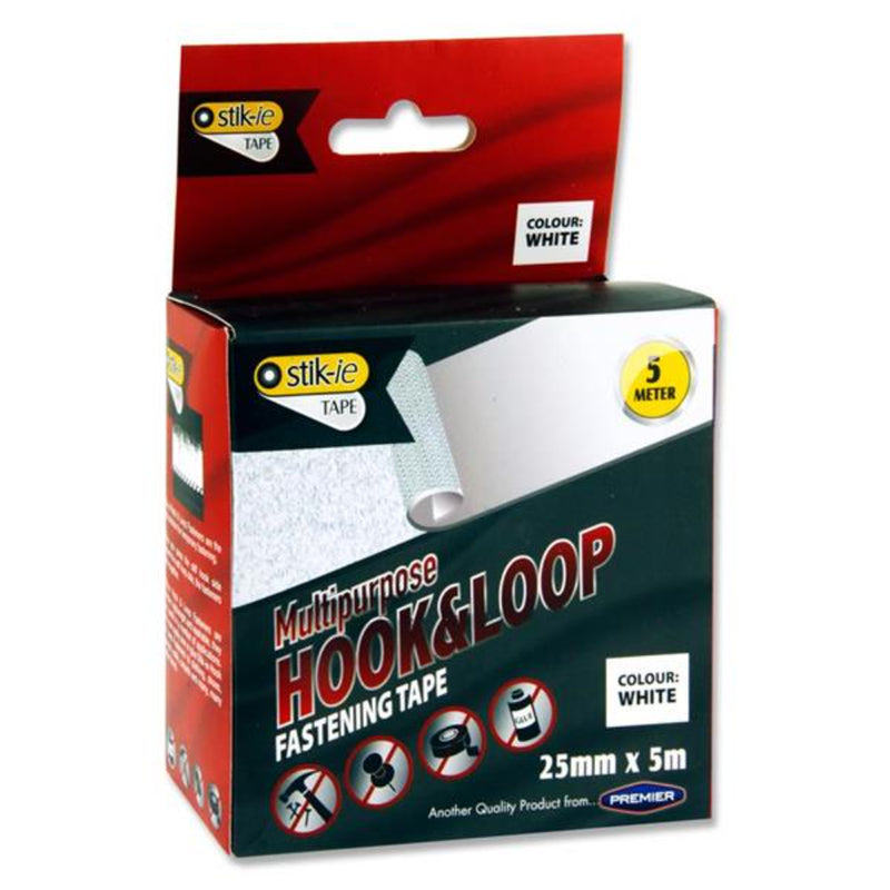 Stik-ie Multipurpose Hook & Loop Fastening Tape Roll - 5m x 25mm - White