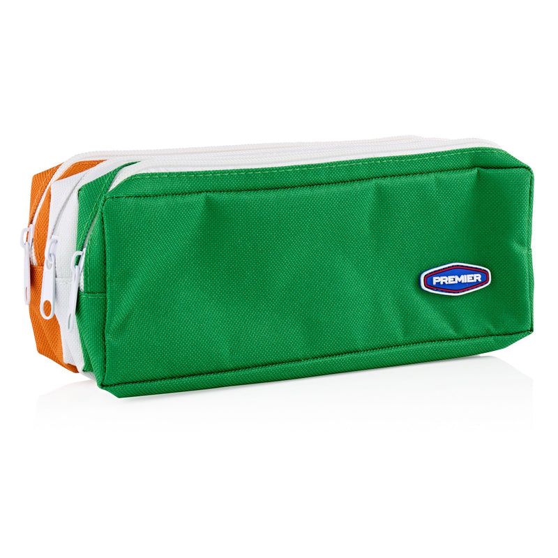 Premier 3 Zip & Pocket Pencil Case - Green, White & Orange-Pencil Cases-Premier|Stationery Superstore UK