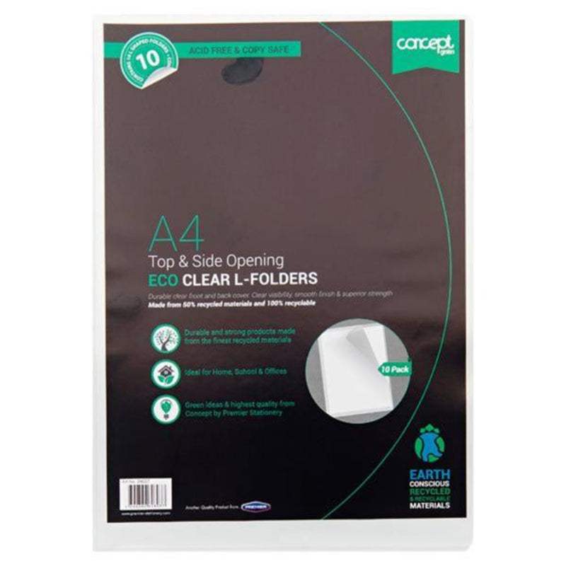 Concept Green A4 Eco Top & Side Opening L-Shaped Folders - Clear - Pack of 10-Report & Clip Files-Concept Green|Stationery Superstore UK
