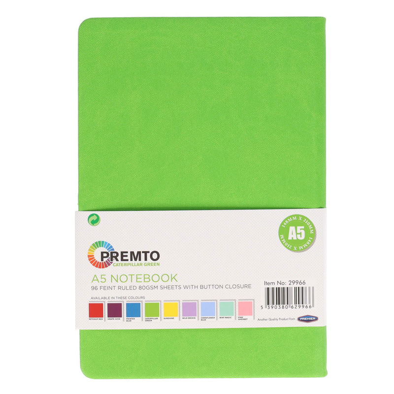 Premto A5 PU Leather Hardcover Notebook with Elastic Closure - 192 Pages - Caterpillar Green-A5 Notebooks-Premto|Stationery Superstore UK