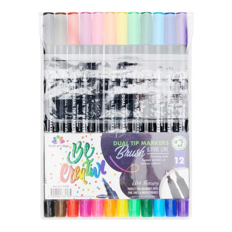 World of Colour Duap Tip Brush & Fineliner Pens - Pack of 12-Brush Pens-World of Colour|Stationery Superstore UK