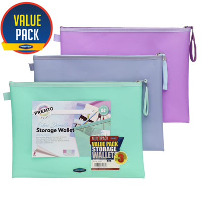 Premto A4+ Extra Durable Storage Wallets - Ice Pastel - Pack of 3-Document Folders & Wallets-Premto|Stationery Superstore UK