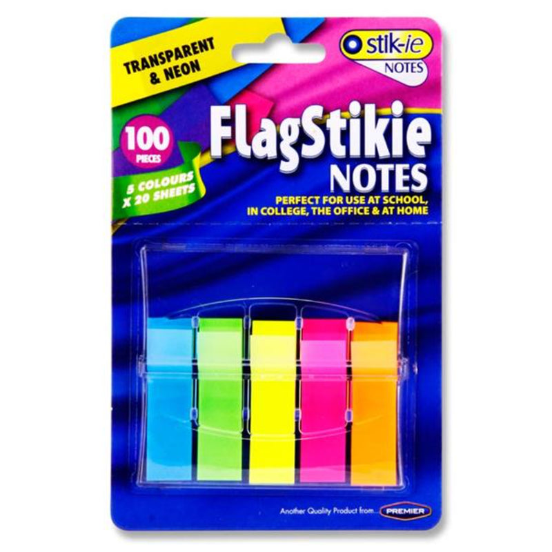 Stik-ie FlagStikie Notes - 100 Sheets - Transparent & Neon - Pack of 5