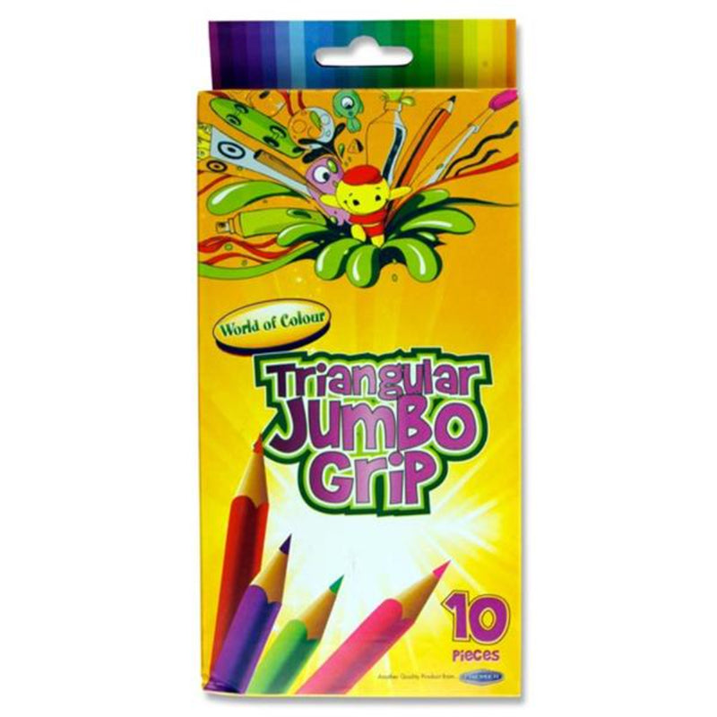 World of Colour Box of 10 Triangular Jumbo Grip Colouring Pencils + Sharpener-Colouring Pencils-World of Colour|Stationery Superstore UK
