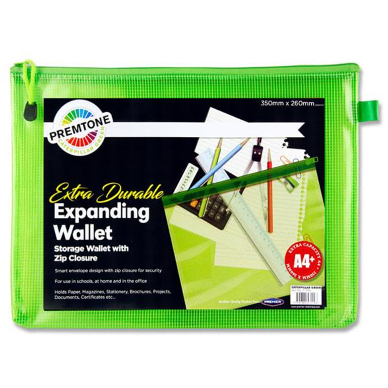 Premto A4+ Extra Durable Expanding Mesh Wallet with Zip - Caterpillar Green-Mesh Wallet Bags-Premto|Stationery Superstore UK