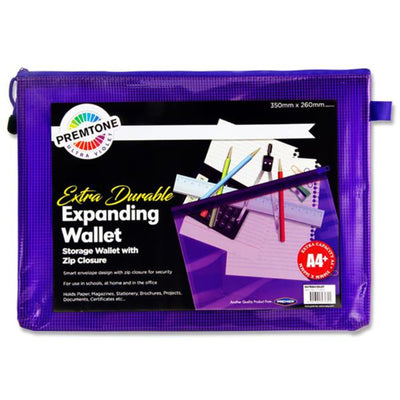 Premto A4+ Extra Durable Expanding Mesh Wallet with Zip - Ultraviolet-Mesh Wallet Bags-Premto|Stationery Superstore UK