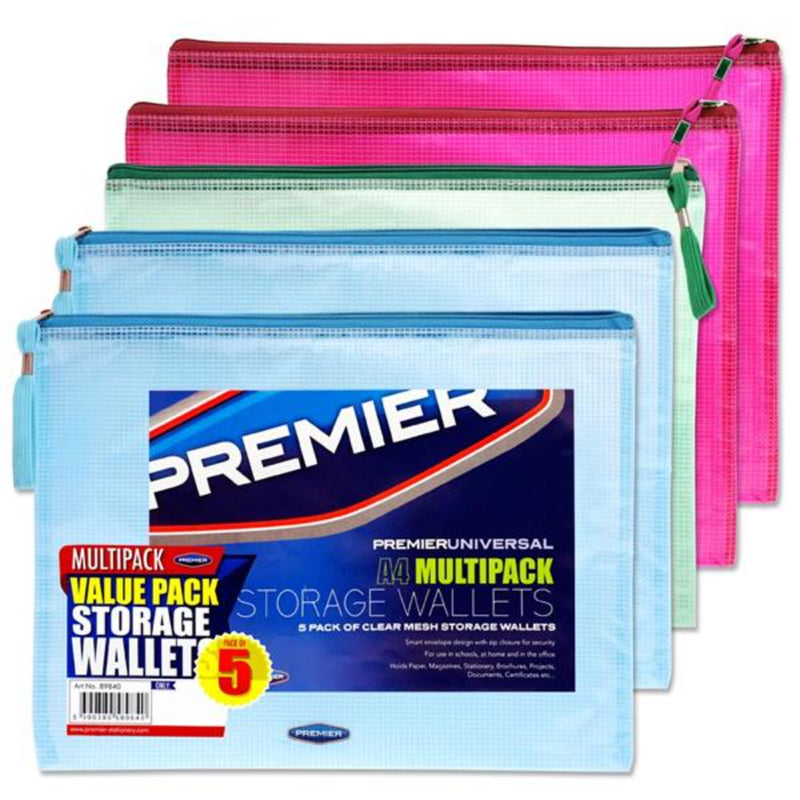 Premier Universal Multipack | A4 Mesh Wallets - Clear - Pack of 5-Mesh Wallet Bags-Premier Universal|Stationery Superstore UK