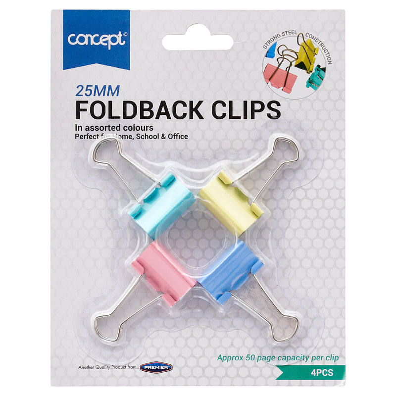 Concept 25mm Fold Back Binder Clips - Multicoloured - Pack of 4