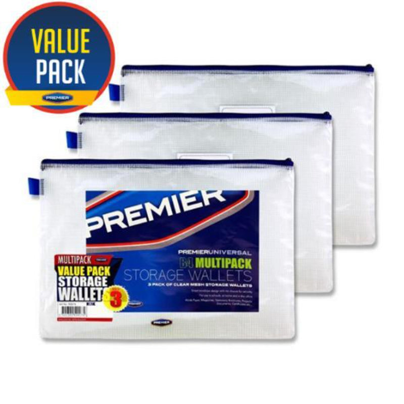 Premier Universal Multipack | B4 Durable Mesh Wallets with Zip - Clear - Pack of 3-Mesh Wallet Bags-Premier Universal|Stationery Superstore UK