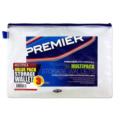 Premier Universal Multipack | B4 Durable Mesh Wallets with Zip - Clear - Pack of 3-Mesh Wallet Bags-Premier Universal|Stationery Superstore UK