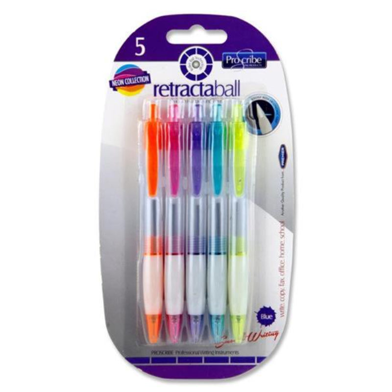 Pro:Scribe Retractaball Ballpoint Pens - Blue Ink - Neon Collection - Pack of 5-Ballpoint Pens-Pro:Scribe|Stationery Superstore UK