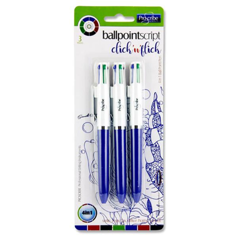 Pro:Scribe 4-in-1 Ballpoint Pens - Blue - Pack of 3-Ballpoint Pens-Pro:Scribe|Stationery Superstore UK